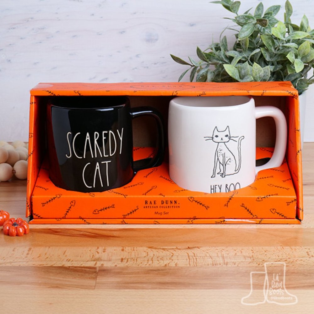 Rae Dunn SCAREDY CAT, HEY BOO Halloween Mug Set